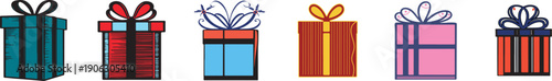Collection of colourful Christmas gift boxes with ribbons and bows. Vector illustration.