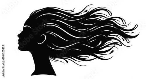 Silhouette profile of a woman with long flowing hair blowing in the wind isolated on white