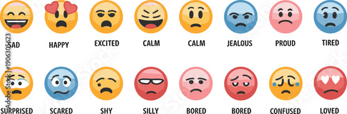 Collection of expressive emoji style faces showing emotions including happy, sad, excited, calm, jealous, proud, tired, surprised, scared, shy, silly, bored, confused, loved