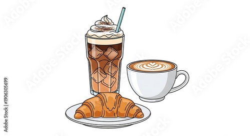 Iced Coffee with Whipped Cream Hot Latte and Croissant Illustration