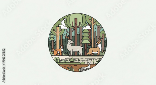 Llama and Deer in Forest Landscape Illustration, Isolated on White, Vector Art