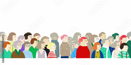 A diverse group of illustrated people standing closely together