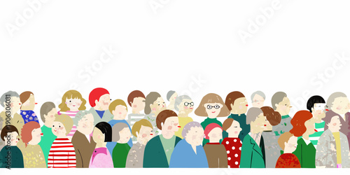 A diverse group of illustrated people stand closely together in a row