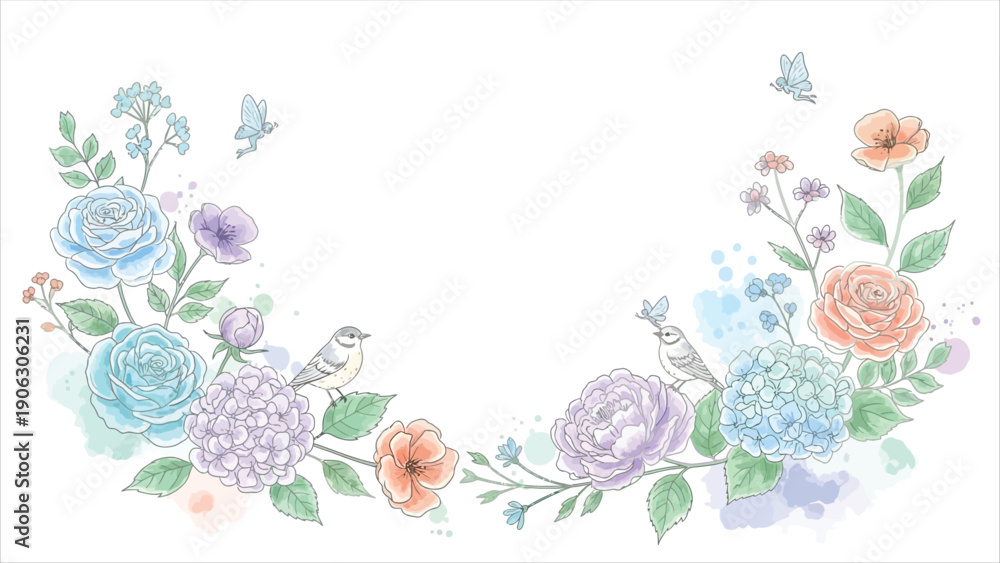 Obraz premium Vibrant floral wreath with birds and butterflies on white background