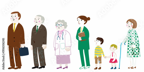 A diverse group of people representing different generations stand in a row