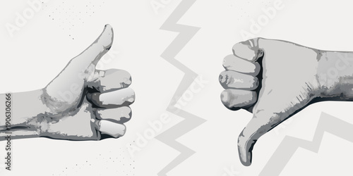 A contrasting depiction of a thumbs up and thumbs down hand gesture