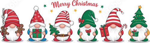 Festive Christmas gnome illustration with gifts, candy canes, gingerbread cookies, decorated hats, holiday tree, ornaments, cheerful characters, Merry Christmas text, seasonal celebration