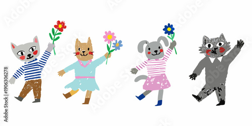 Playful animal friends holding colorful flowers in a whimsical illustration