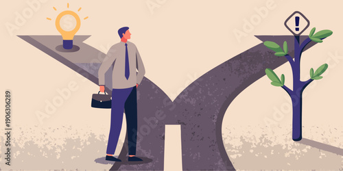 A businessman contemplates a crossroads with a lightbulb and growing plant