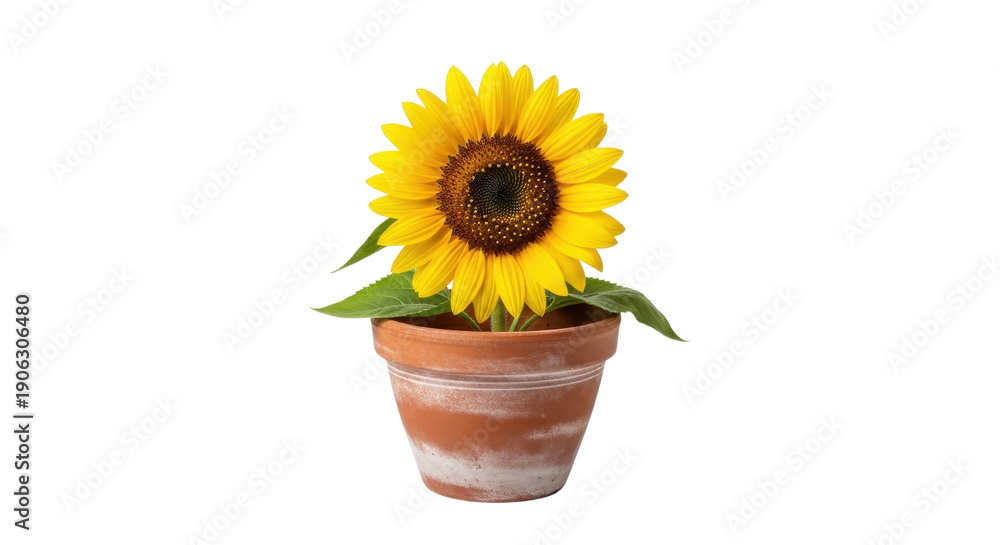Obraz premium Bright yellow sunflower in terracotta pot with green leaves, isolated PNG with Transparent Background