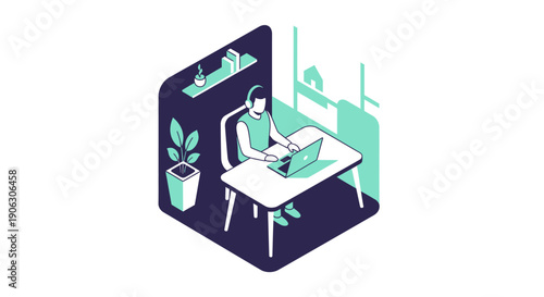 Person working on laptop at desk in a modern isometric office setting.