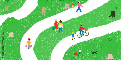 Illustration of people walking and cycling on a winding green pathway