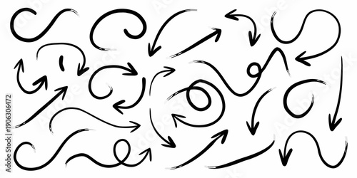 Collection of hand drawn black arrows and curved lines on white background