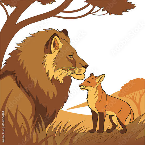 A majestic lion and a cunning fox stand side by side.