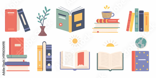 Colorful arrangement of open books plants and academic objects