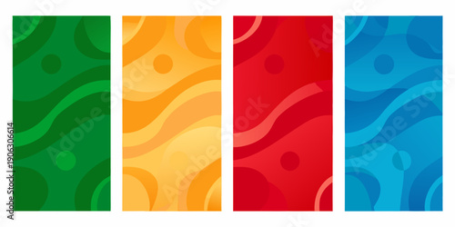 Four vibrant vertical panels with abstract wave and circle designs