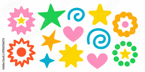 Colorful assortment of playful geometric shapes and starbursts on a white background