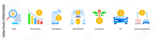Data Management web banner vector illustration featuring Audit, Data analysis, Smartphone, Data Network, Investment, Car, and Asset management.
