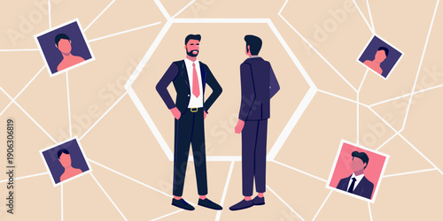 Business professionals networking and connecting within a modern geometric design