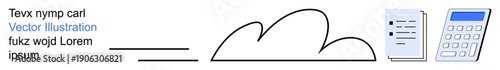 Cloud computing, data management, financial analysis, document organization, digital tools, business solutions. A cloud with a calculator and documents. Cloud computing and data management