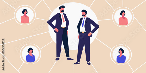 A group of diverse professionals connected by a network illustration