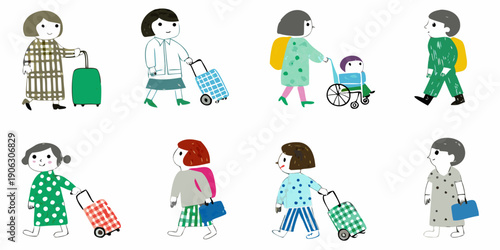 Diverse group of people traveling with luggage and mobility aids