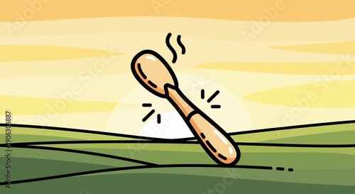 A delightful cartoon illustration of a steaming spoon against a vibrant sunrise landscape a