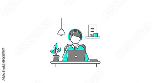 Person working on laptop at desk with plant and lamp.