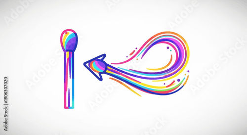 Vibrant rainbow matchstick and dynamic arrow-shaped flame illustration representing creativity and