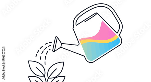 Minimalist outline illustration of a watering can with colorful liquid nurturing a small plant