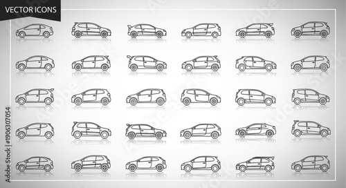 Collection of hand-drawn car icons in sketch style.