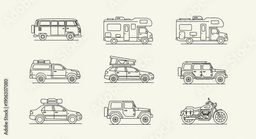 Collection of Hand Drawn Vehicle Icons for Travel and Adventure.