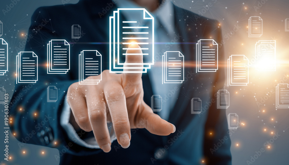 Obraz premium Business Professional Selecting Digital Document Interface – Document Management, Data Processing and Workflow Automation Concept