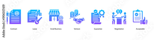 Business Agreement web banner featuring Contract, Lease, Small Business, Venture, Guarantee, Negotiation, and Acceptable for establishing strong commercial and entrepreneurial terms.