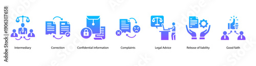 Legal Protection web banner featuring Intermediary, Correction, Confidential Information, Complaints, Legal Advice, Release of Liability, and Good Faith for secure and ethical legal practices.
