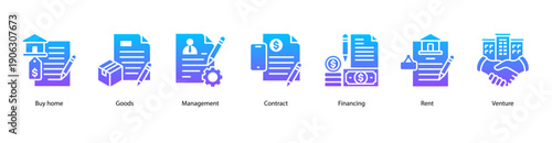 Contract Management web banner featuring Buy Home, Goods, Management, Contract, Financing, Rent, and Venture for structured property, trade, and financial agreements.