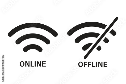Online and Offline Internet Connection Icon Set. Globe with Good and No Signal Symbols in Red and Green. Wifi problem icon set. No Wi-fi and internet signal. lost internet connection sign. Disconnect
