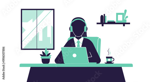 Professional working at desk with laptop and headphones in a modern office setting.