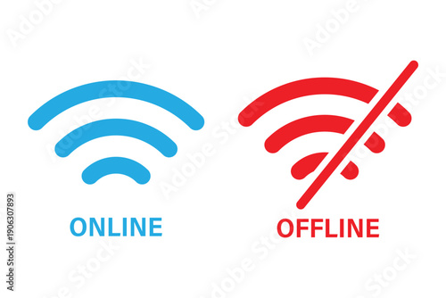Set of Wi-Fi and no WiFi icons in, Wi-Fi signal: one connected and one crossed out for no internet connection and offline mode. wireless internet, network settings, devices, and technology. online off