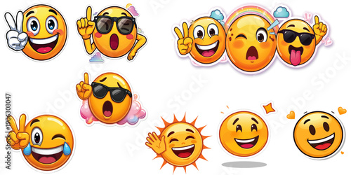 Funny Emoji Illustration Sticker Faces With Expressions Hand Signs Emotions.
