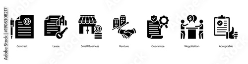 Business Agreement web banner featuring Contract, Lease, Small Business, Venture, Guarantee, Negotiation, and Acceptable for establishing strong commercial and entrepreneurial terms.