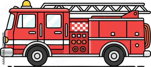 Red Fire Truck Side View Cartoon Illustration, Emergency Vehicle with Ladder and Rescue Equipment