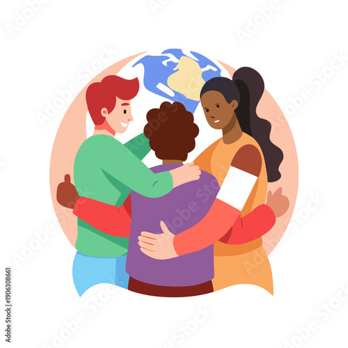 Group of friends illustration. Multicultural people. Friends hugging and embracing each other. Unity, equality concept.