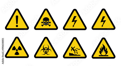 Collection of eight yellow triangular warning signs for various hazards.