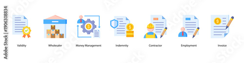 Commercial Agreement web banner featuring Validity, Wholesaler, Money Management, Indemnity, Contractor, Employment, and Invoice for reliable trade and financial operations.