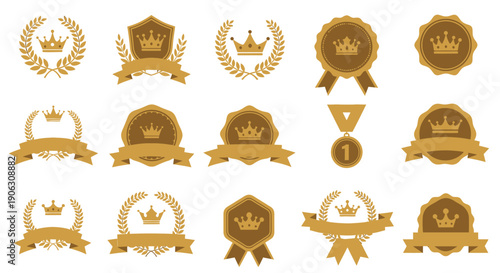 Collection of Golden Crown and Laurel Wreath Badges and Ribbons.