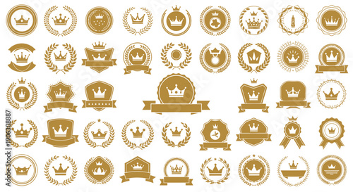 Collection of golden crown and laurel wreath emblems for premium quality and achievement.
