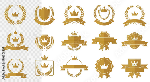 Collection of golden crown and laurel wreath emblems, perfect for luxury branding and award designs.