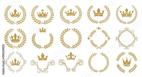 Collection of Golden Crowns and Laurel Wreaths for Royal and Achievement Emblems.