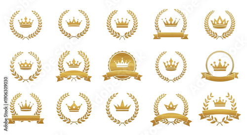 Collection of golden crowns and laurel wreaths, symbolizing victory, royalty, and achievement, perfect for awards and emblems.